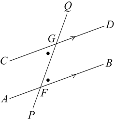 Two angles, marked by dots, on alternate sides of a transversal of a pair of parallel lines.