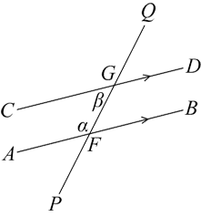 A transversal intersects 2 parallel lines. A pair of co-interior angles is marked alpha and beta.
