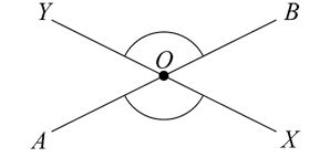 Two lines AB and XY intersecting at 0 with a pair of vertically opposite angles marked using an arc.